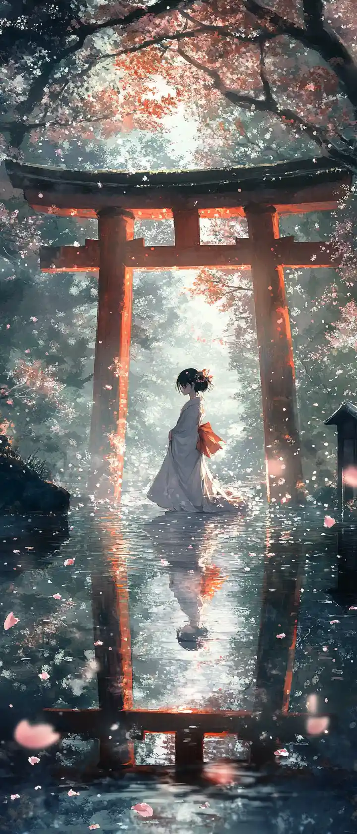 Kitsune-Braut, die allein unter einem uralten Torii wartet