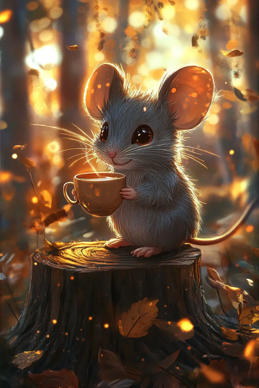 Cute anime mouse sipping tea on a forest stump