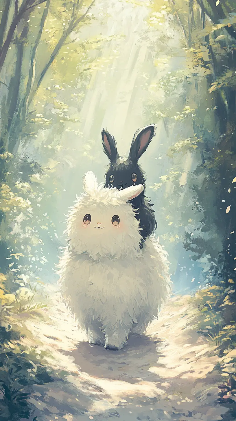 Cute chibi llama and rabbit on a forest path