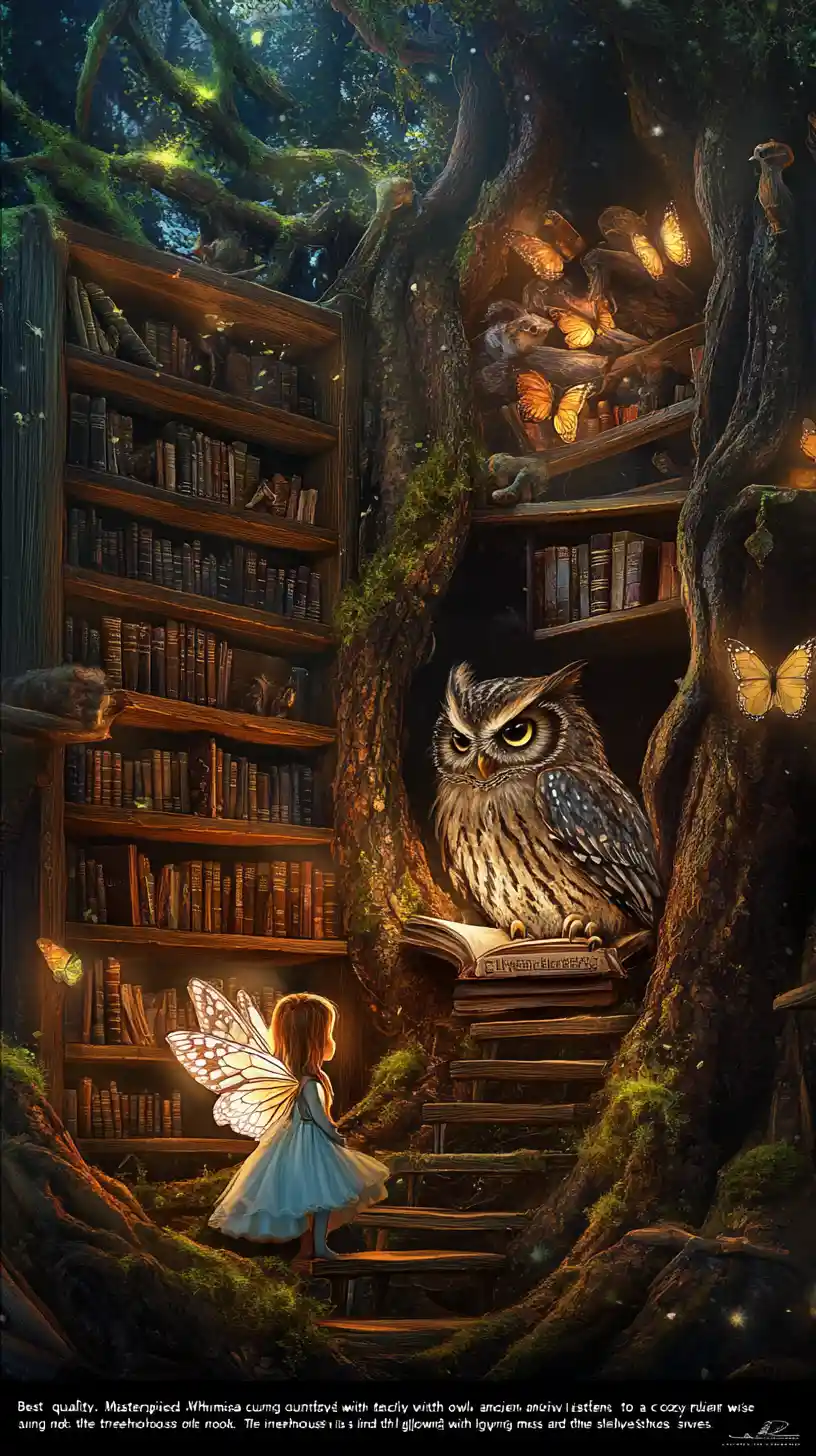 Curious fairy listening to an owl in a treehouse