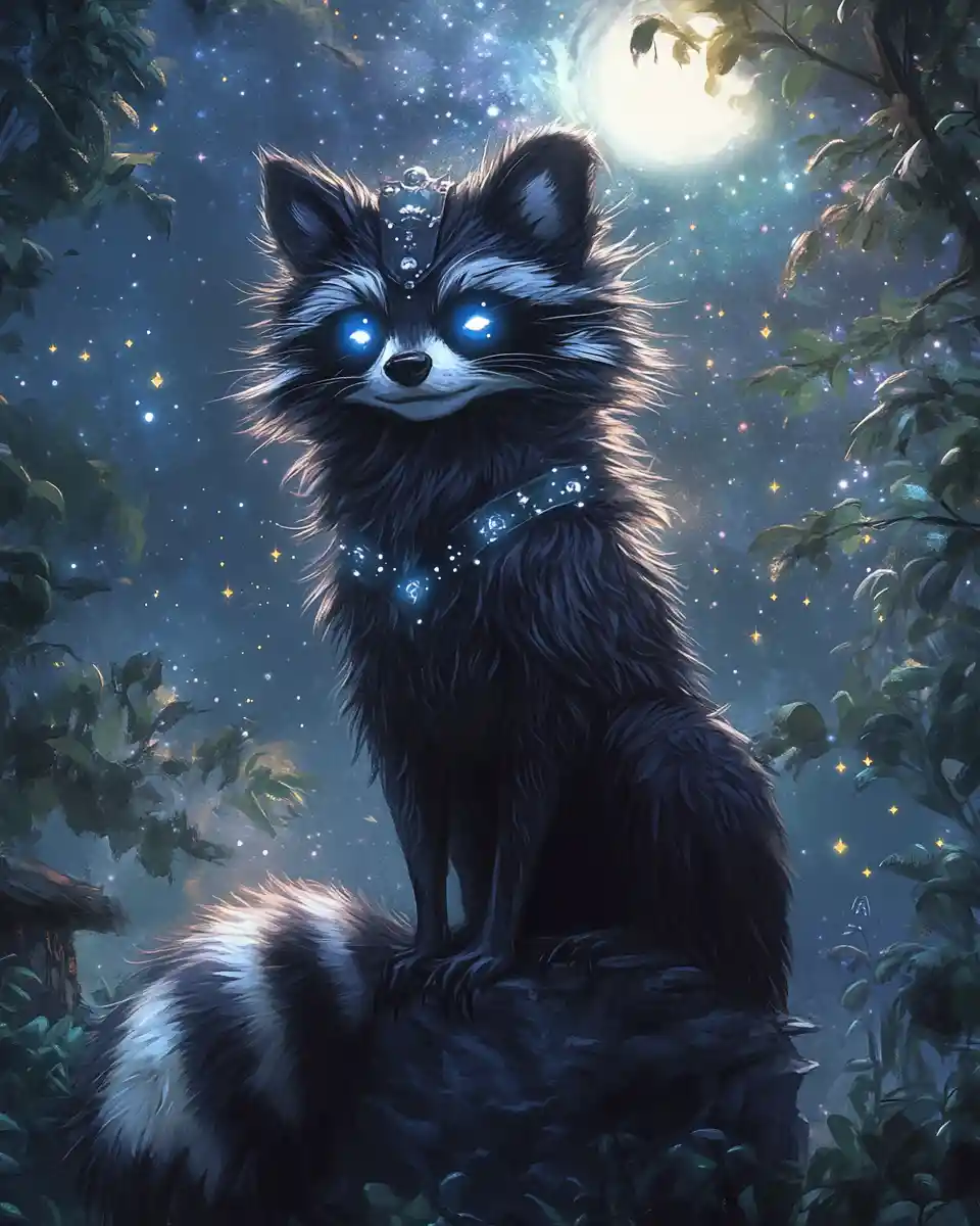 Mystical raccoon dog under a moonlit starry forest sky
