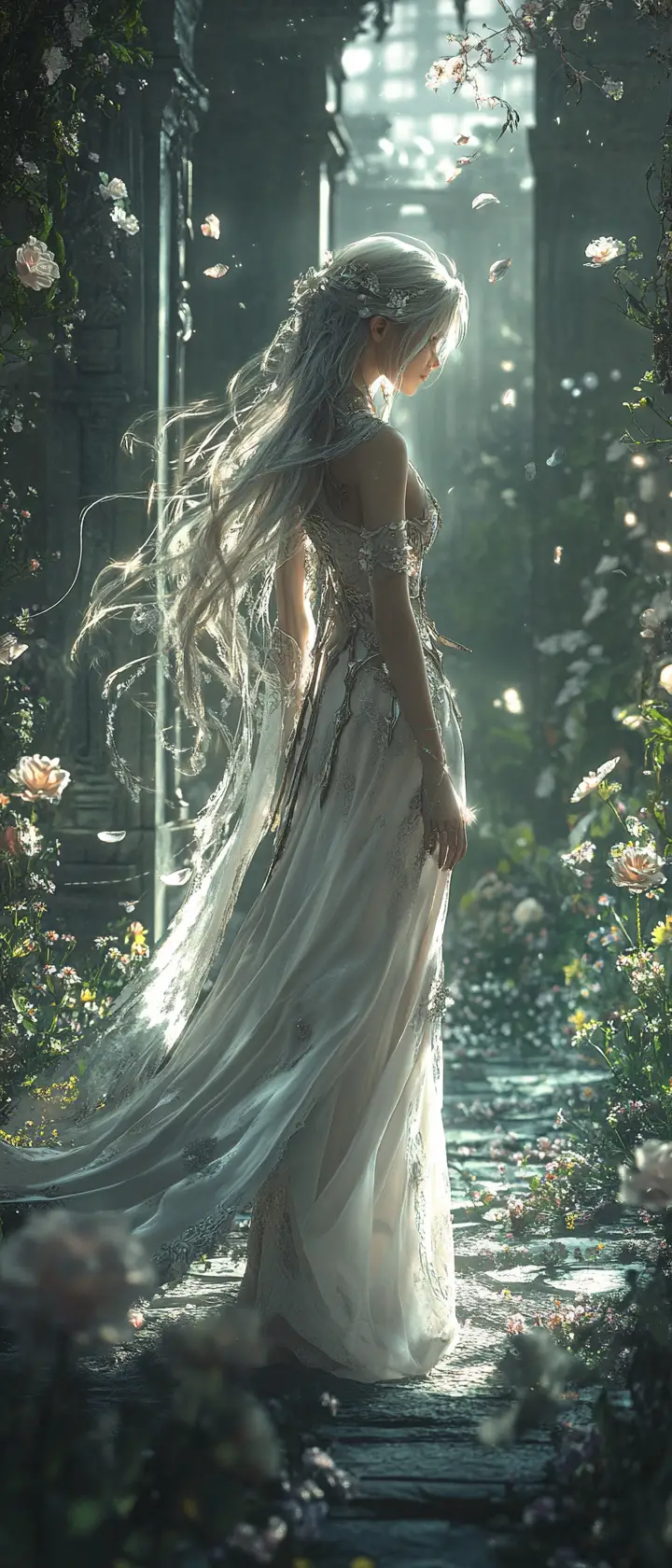 Royal maiden walking through a flower filled alley
