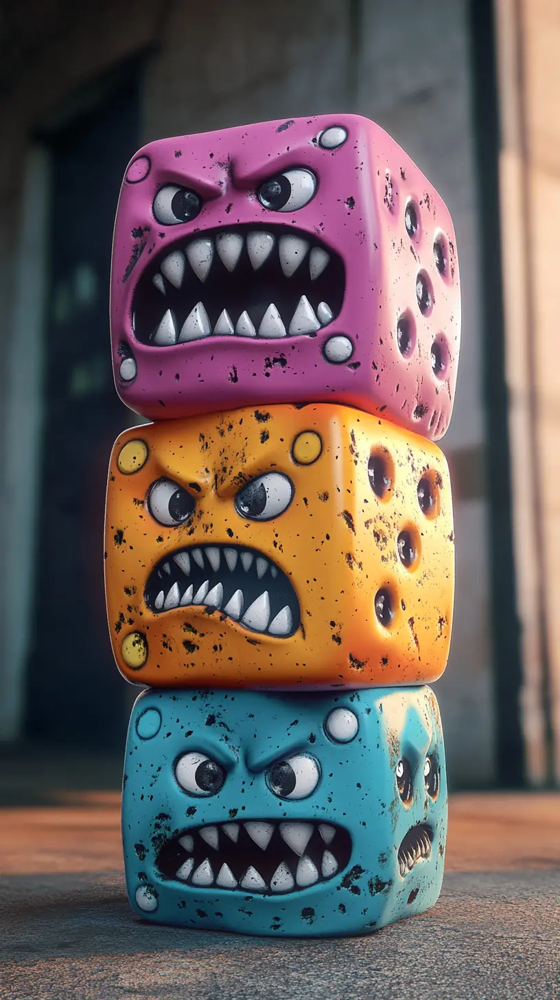 Anthropomorphic dice tower in a claustrophobic concrete room