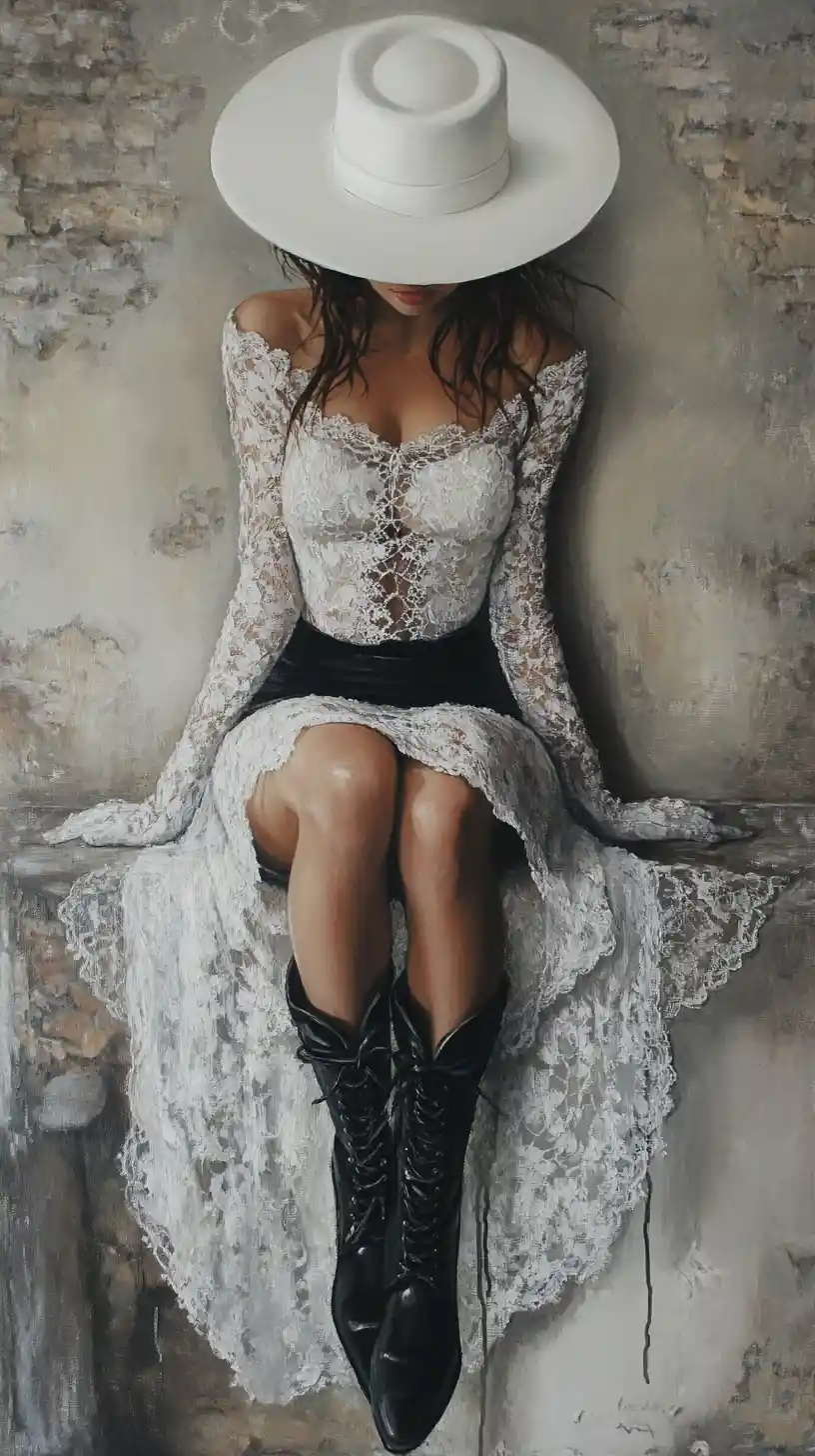 Elegant woman in white lace dress and black skirt