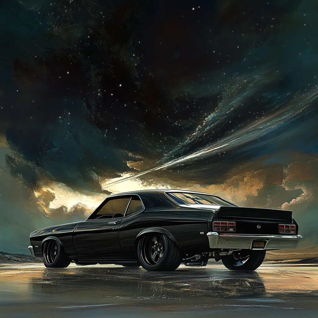 Black 1971 Chevy Nova muscle car with chrome bumpers