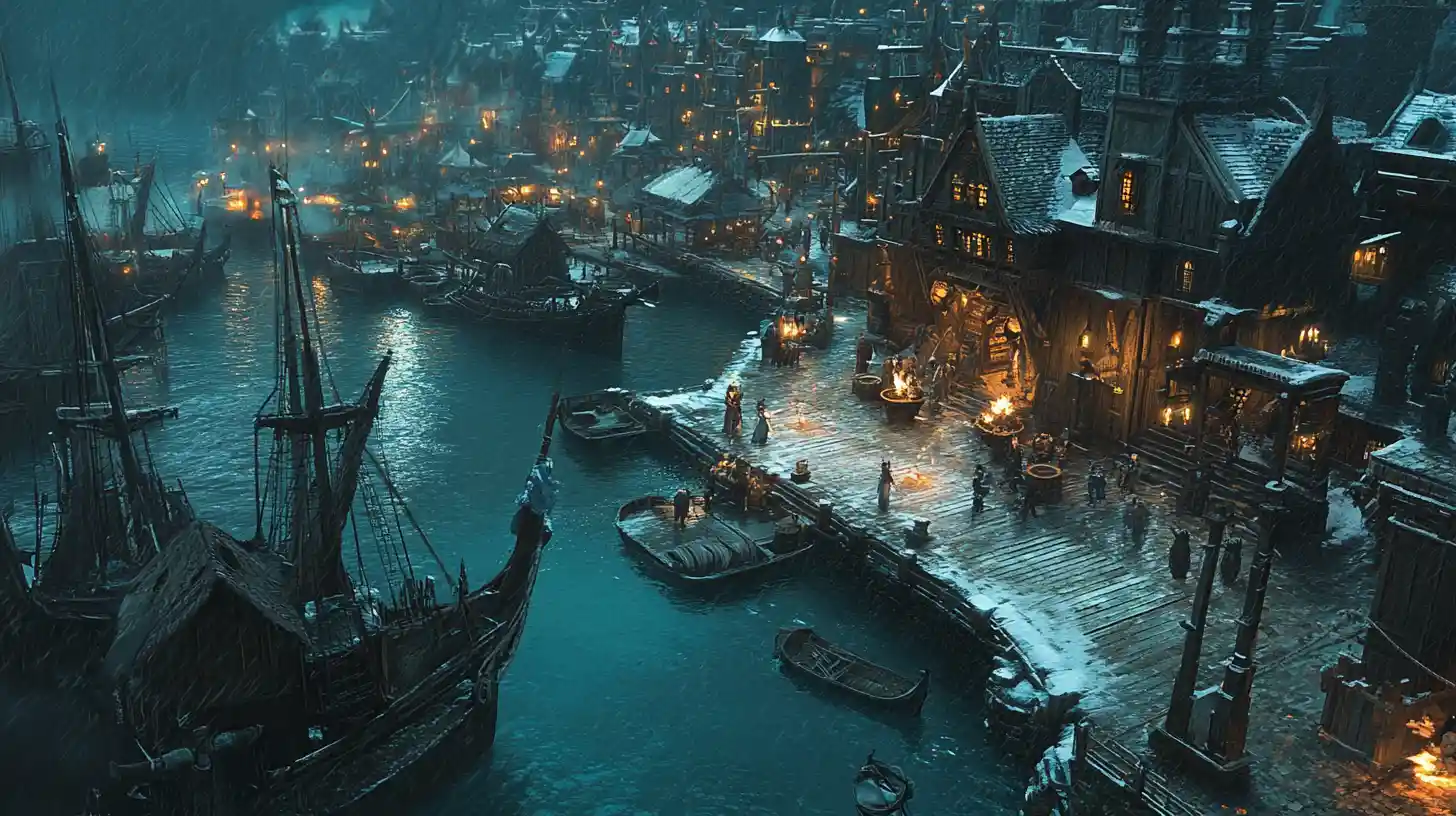Ville portuaire fantastique inspirée des canaux et de la forge de Hurlevent