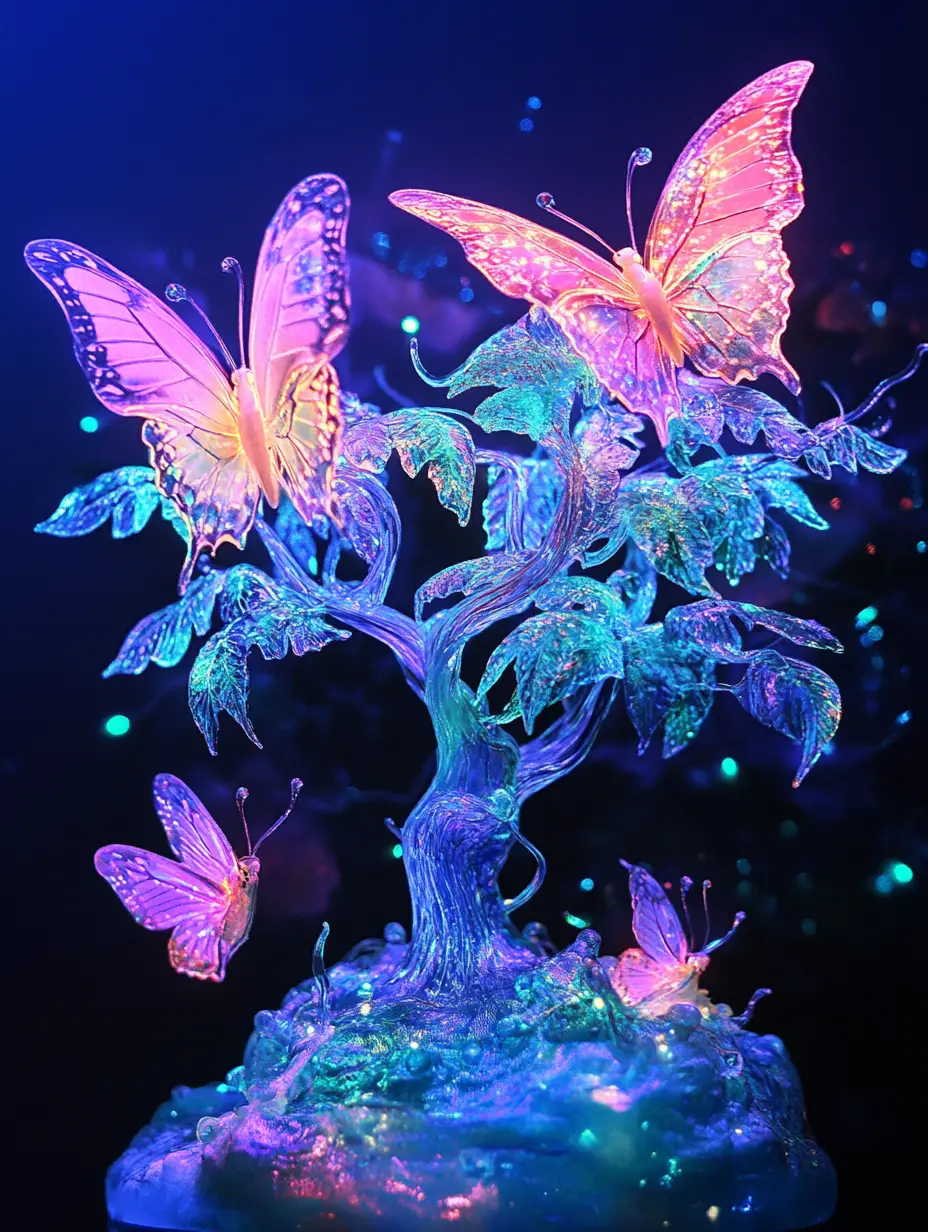 Luminous pink butterflies on a glowing fantasy tree sculpture