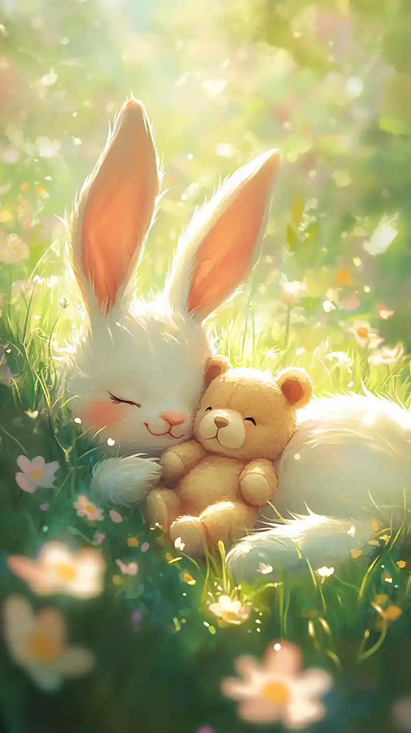 Cute chibi rabbit sleeping in a magical meadow