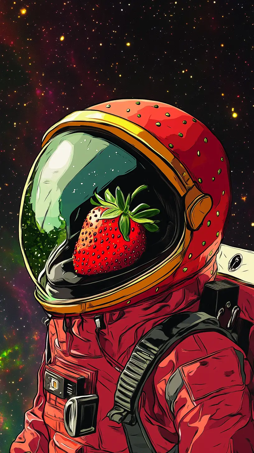 Playful Strawberry Astronaut Cartoon In Outer Space