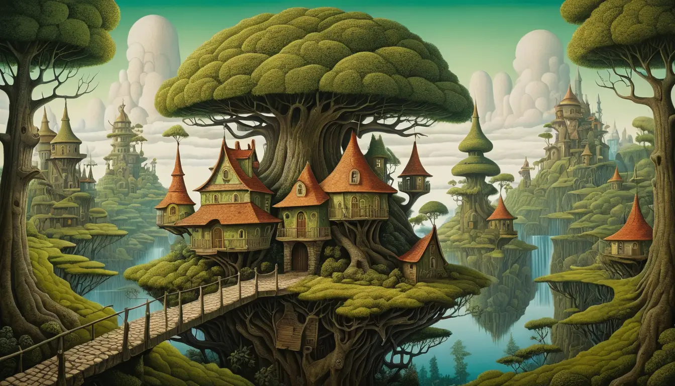 Surreal tree architecture in a lush enchanted landscape