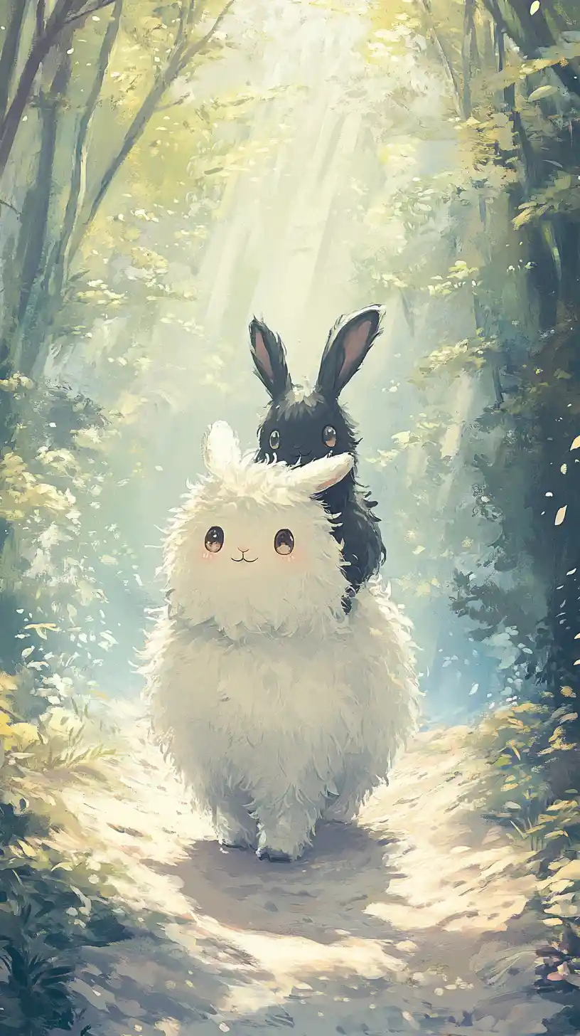Cute chibi llama and rabbit on a forest path