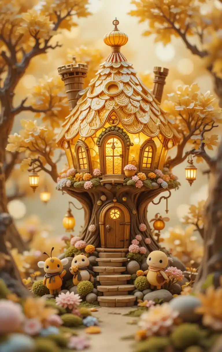 Whimsical 3d treehouse diorama with cute bees and lanterns