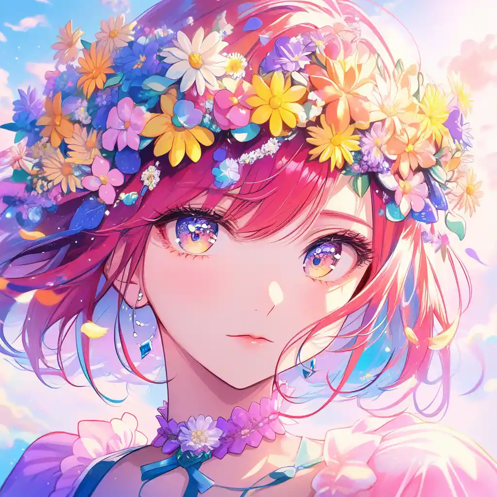 Anime redhead girl with floral crown in pastel daylight