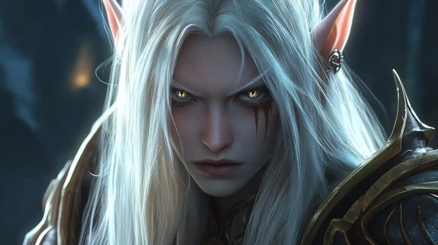 Blood elf woman in armor with long white hair