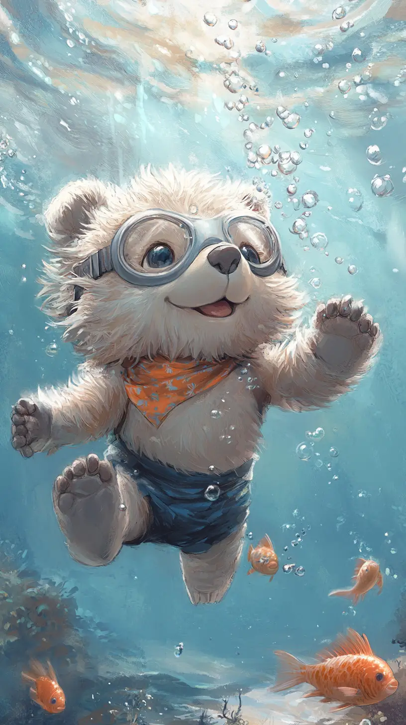 Playful Cartoon Bear Swimming In A Soft Underwater World