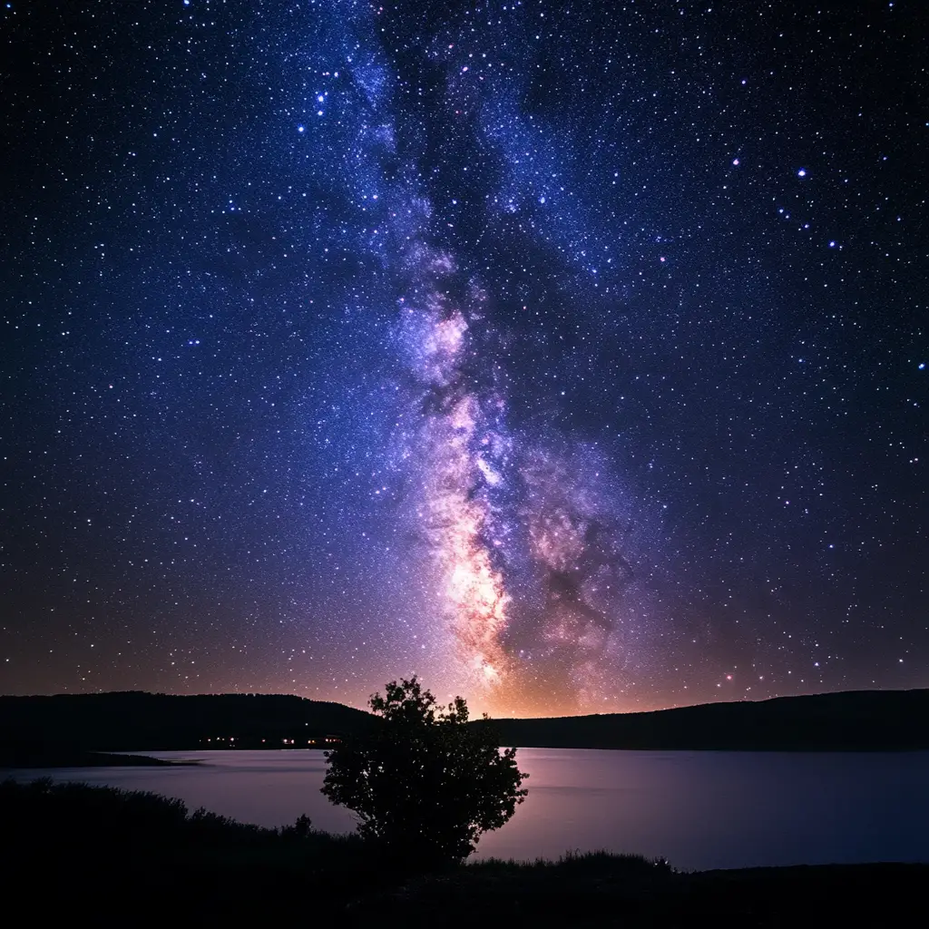 Starry night sky with glowing milky way over quiet landscape