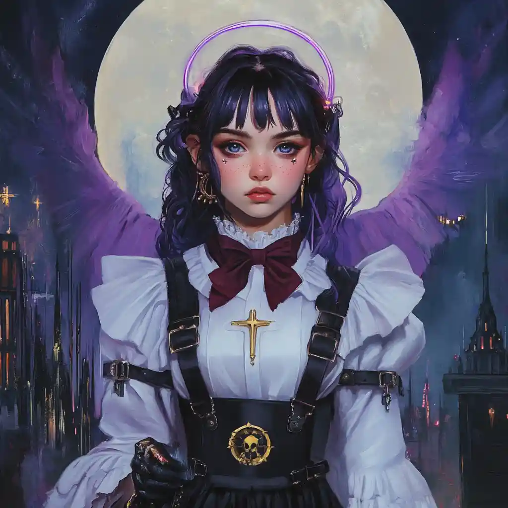Fantasy girl running with spear under moonlit floating castle