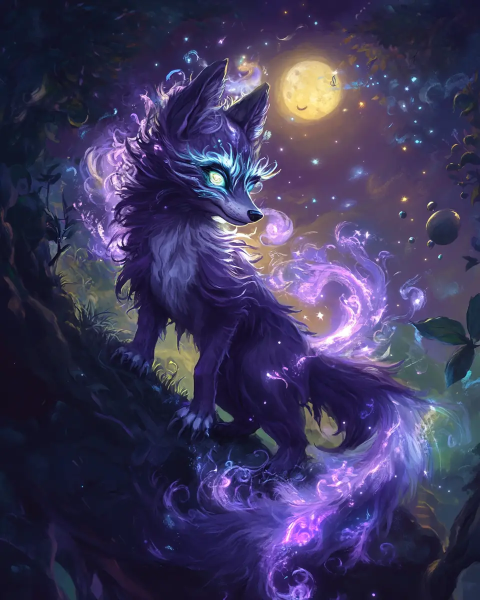 Mystical tanuki under a moonlit enchanted forest sky