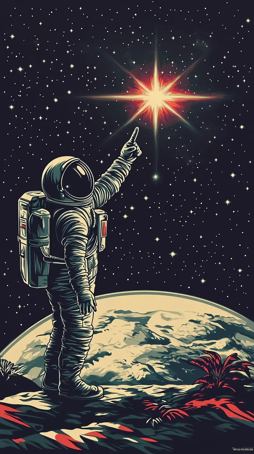 Astronaut On Alien Planet Pointing Toward Bright Star In Space