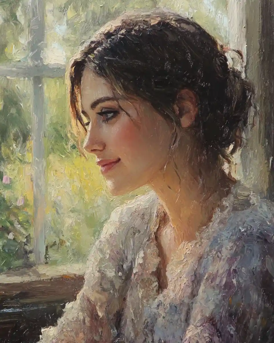 Romantic close up portrait of a woman by a window