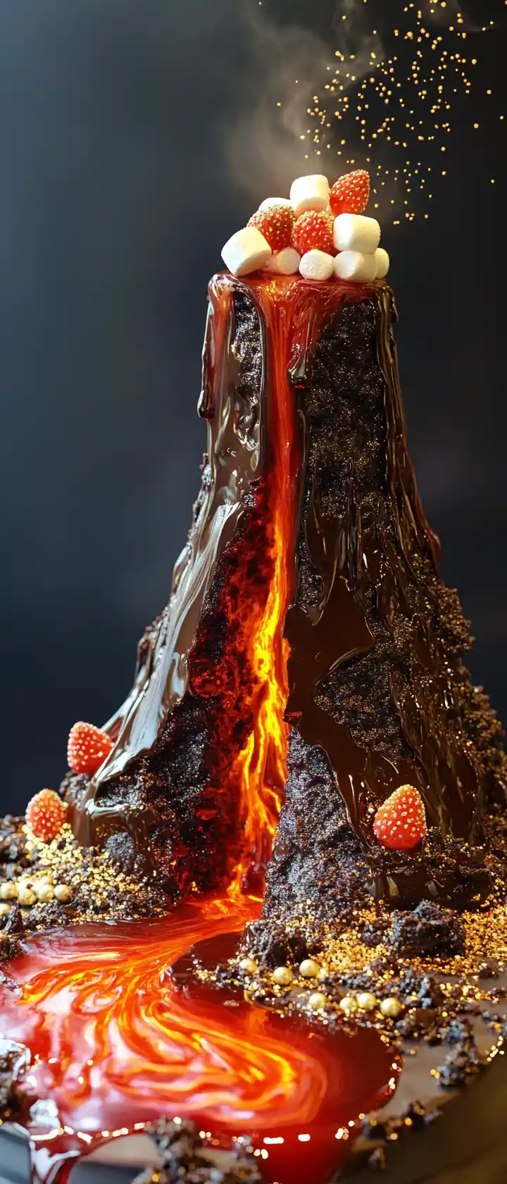 Chocolate lava cake volcano with marshmallow island