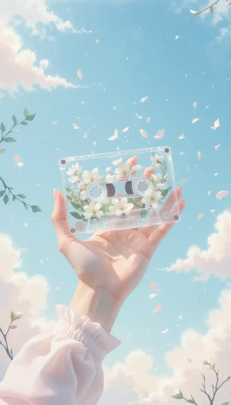 Woman Hand Holding Floral Cassette Against Soft Blue Sky