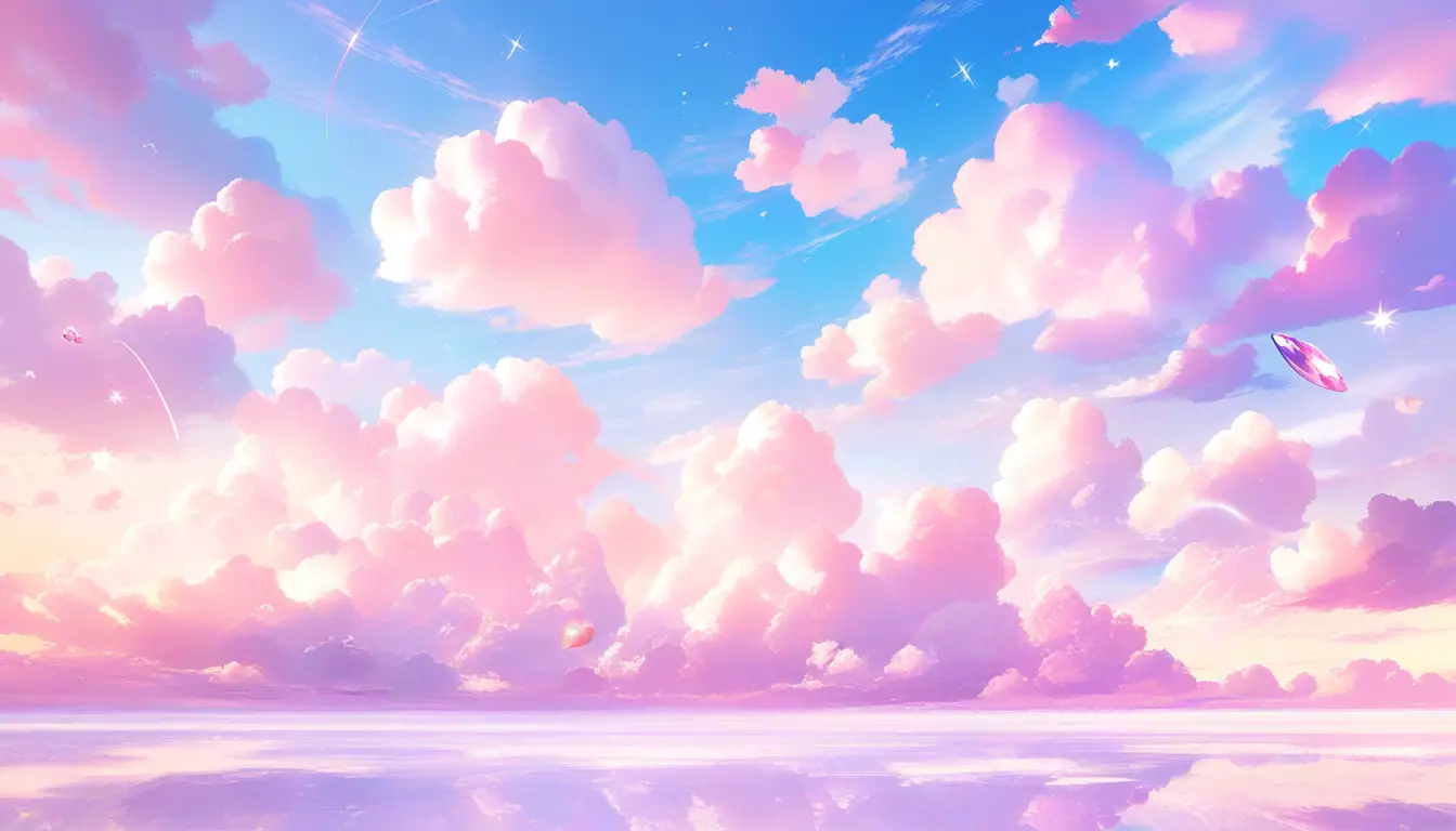 Pink vintage telescope floating in dreamy pastel clouds