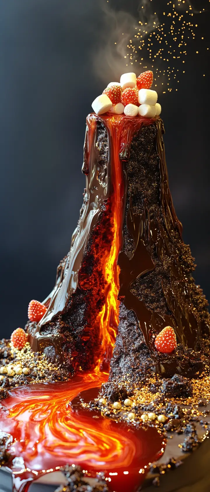 Chocolate lava cake volcano with marshmallow island