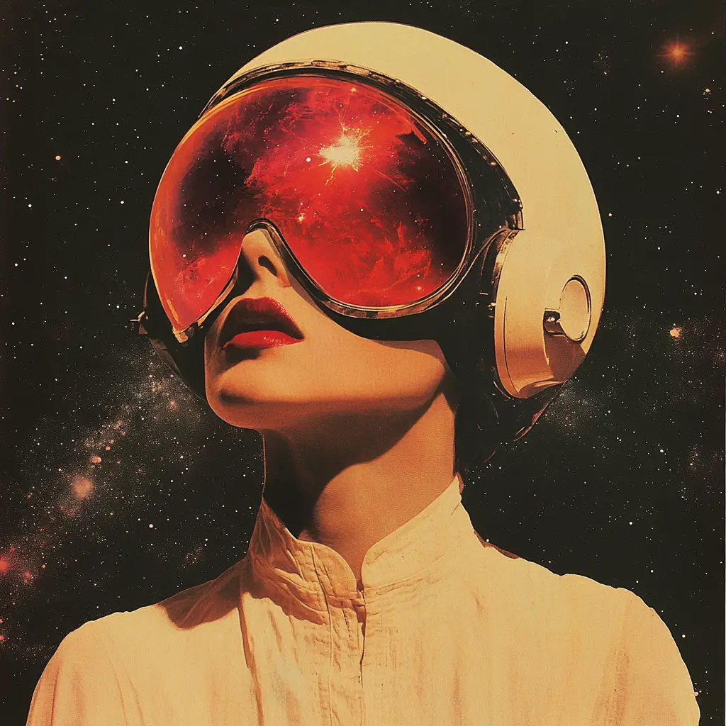 Dadaist minimalist woman in surreal astronaut collage