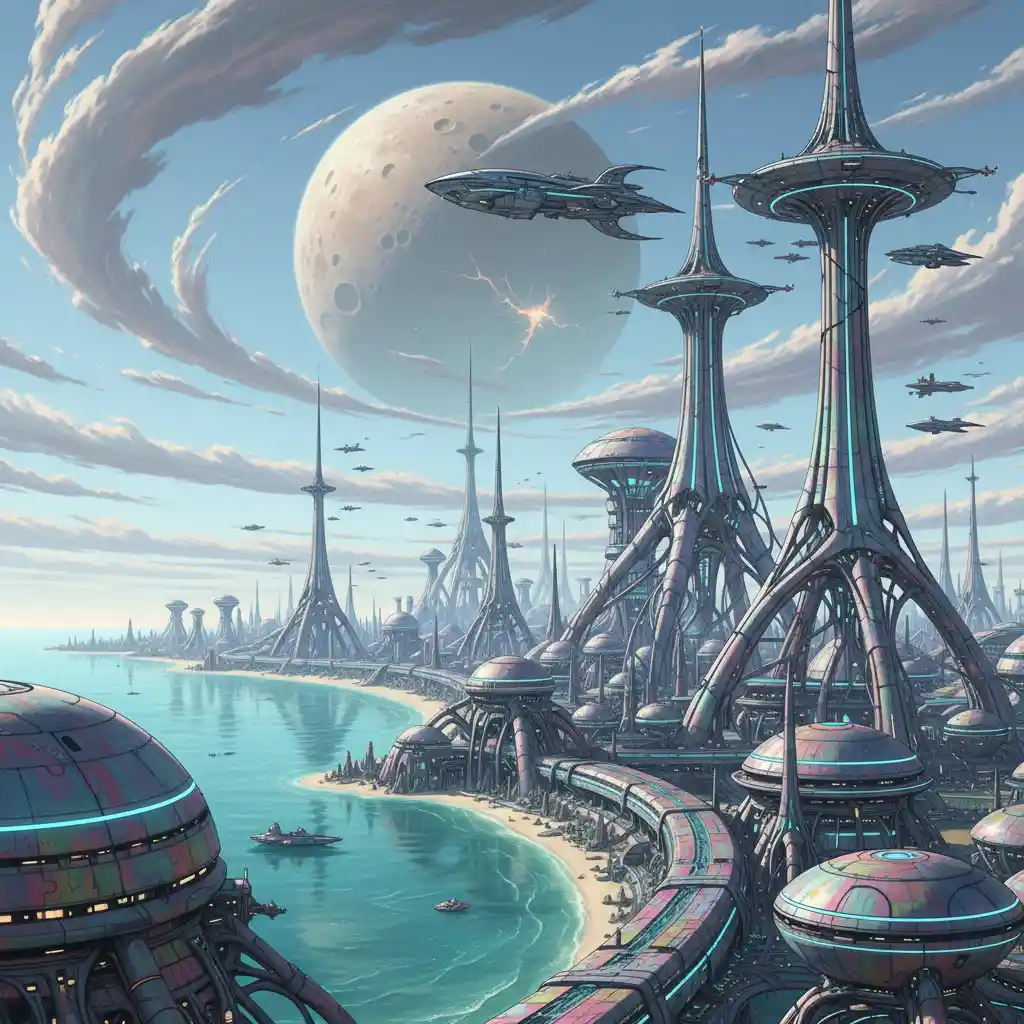 Vaste cité extraterrestre au bord d’un océan futuriste turquoise