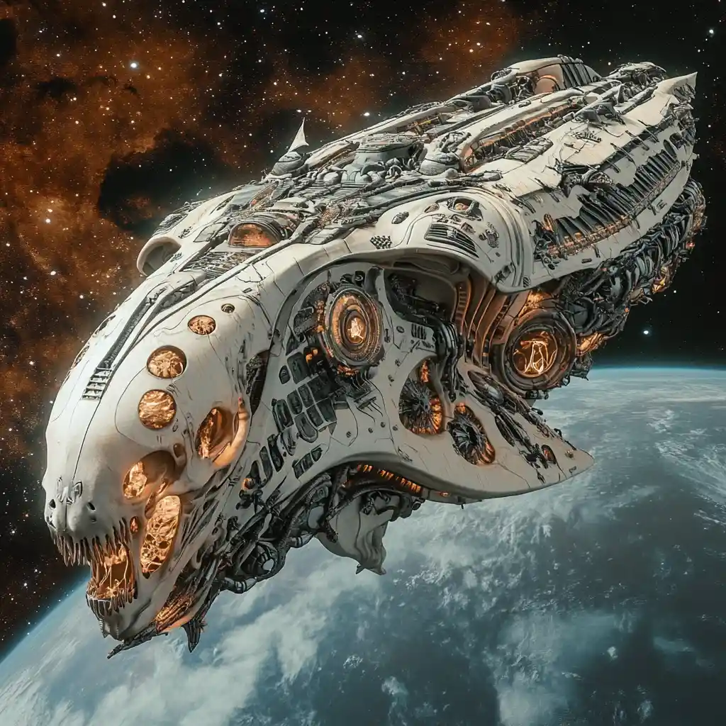 Alien battle cruiser predator ship in deep space
