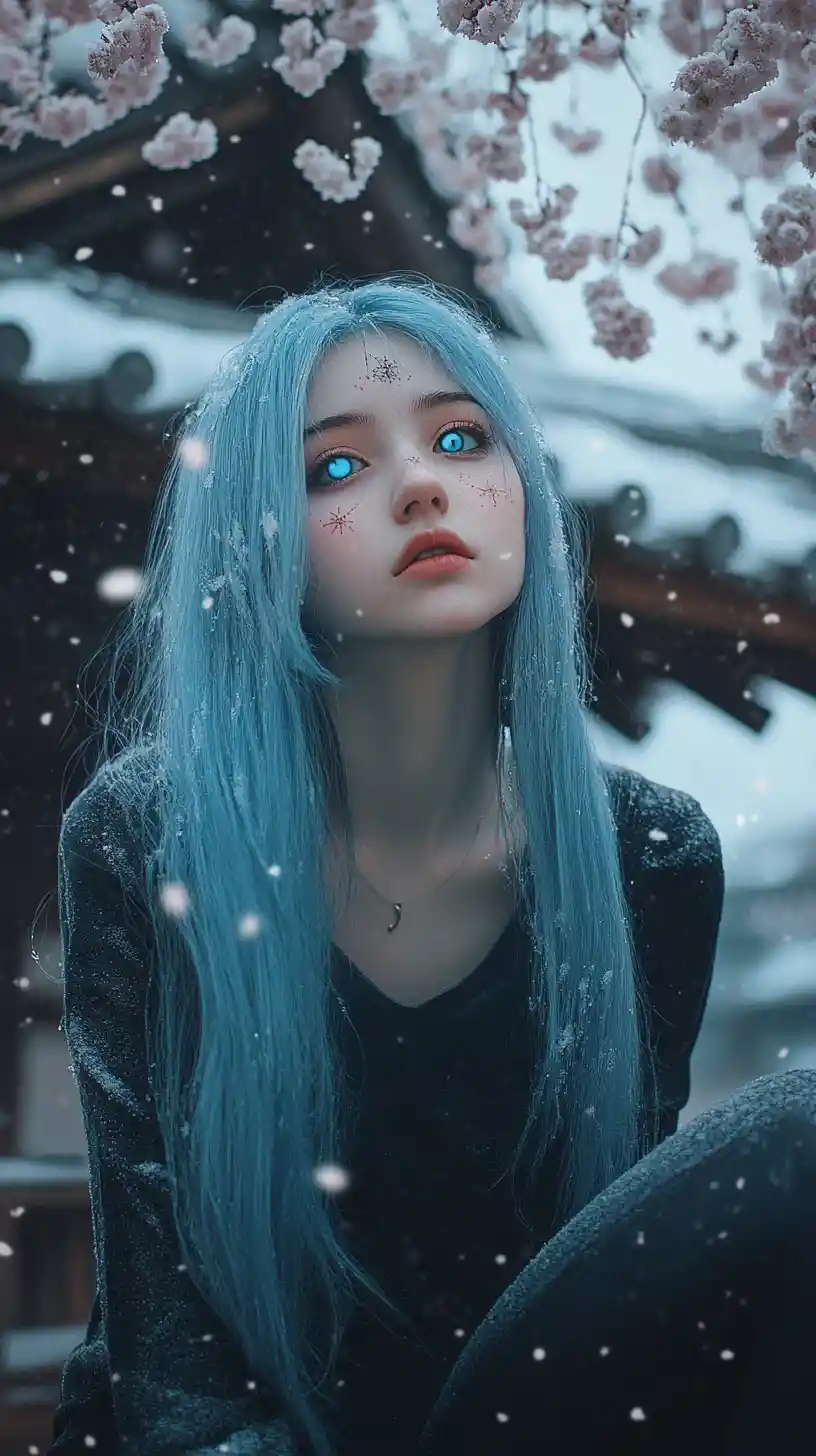Blue haired girl sitting on a frozen wooden rooftop
