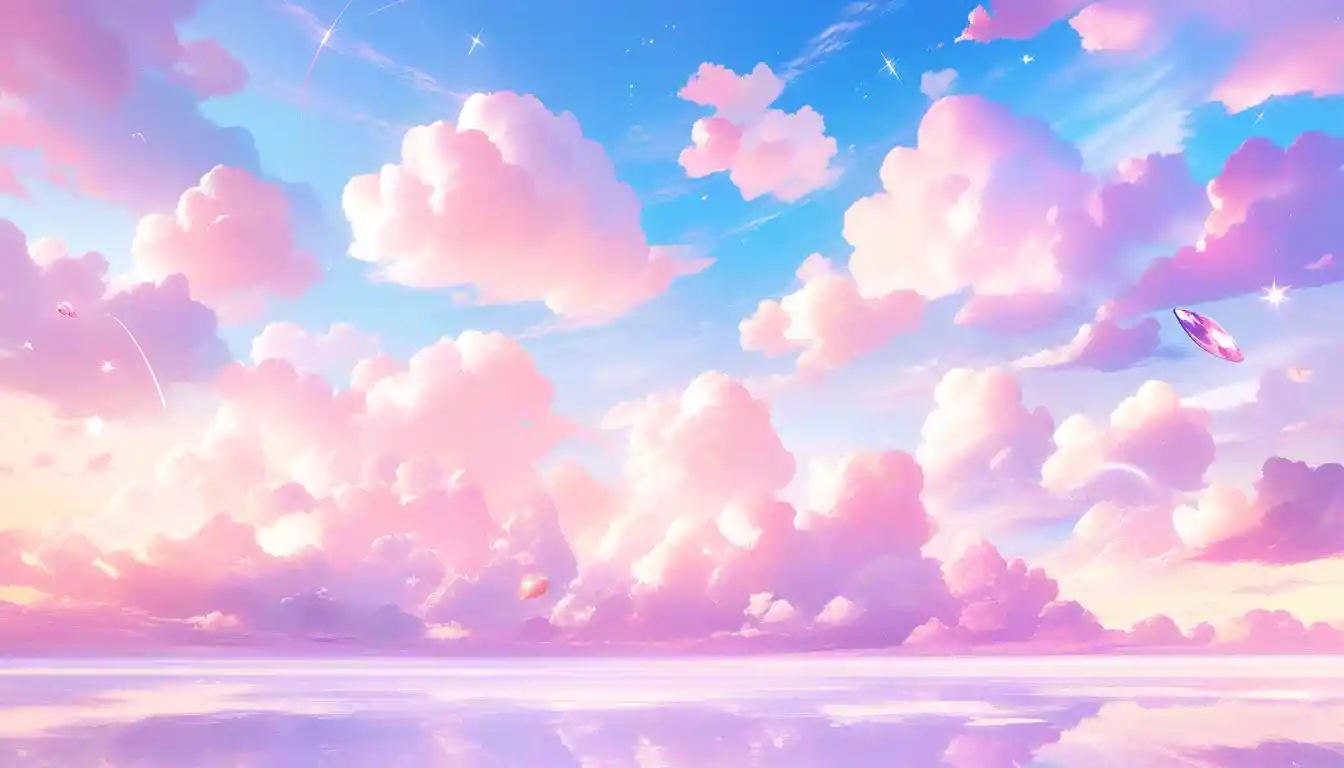Pink vintage telescope floating in dreamy pastel clouds