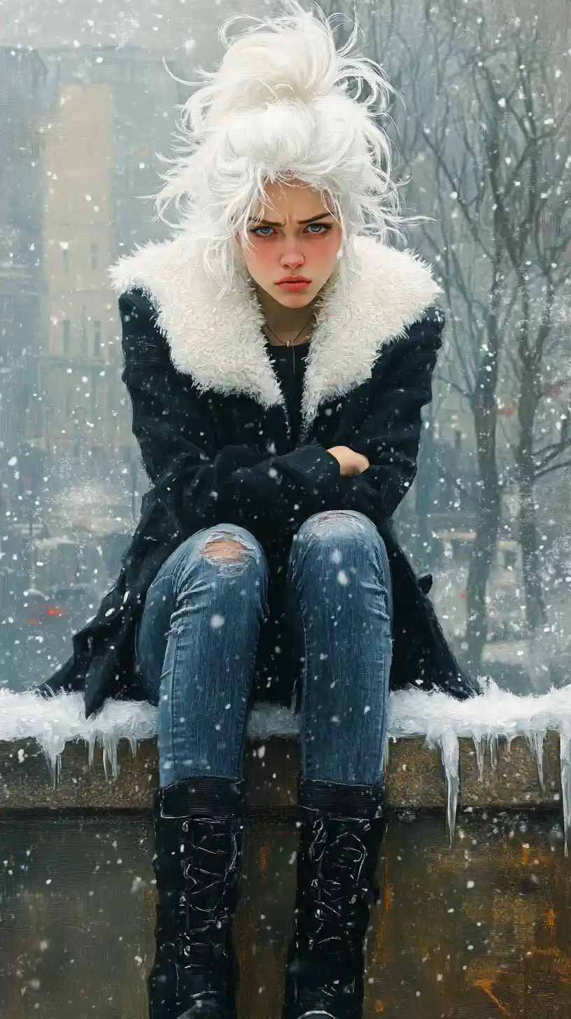 Joven mujer sentada en una calle nevada de la ciudad de Moscú