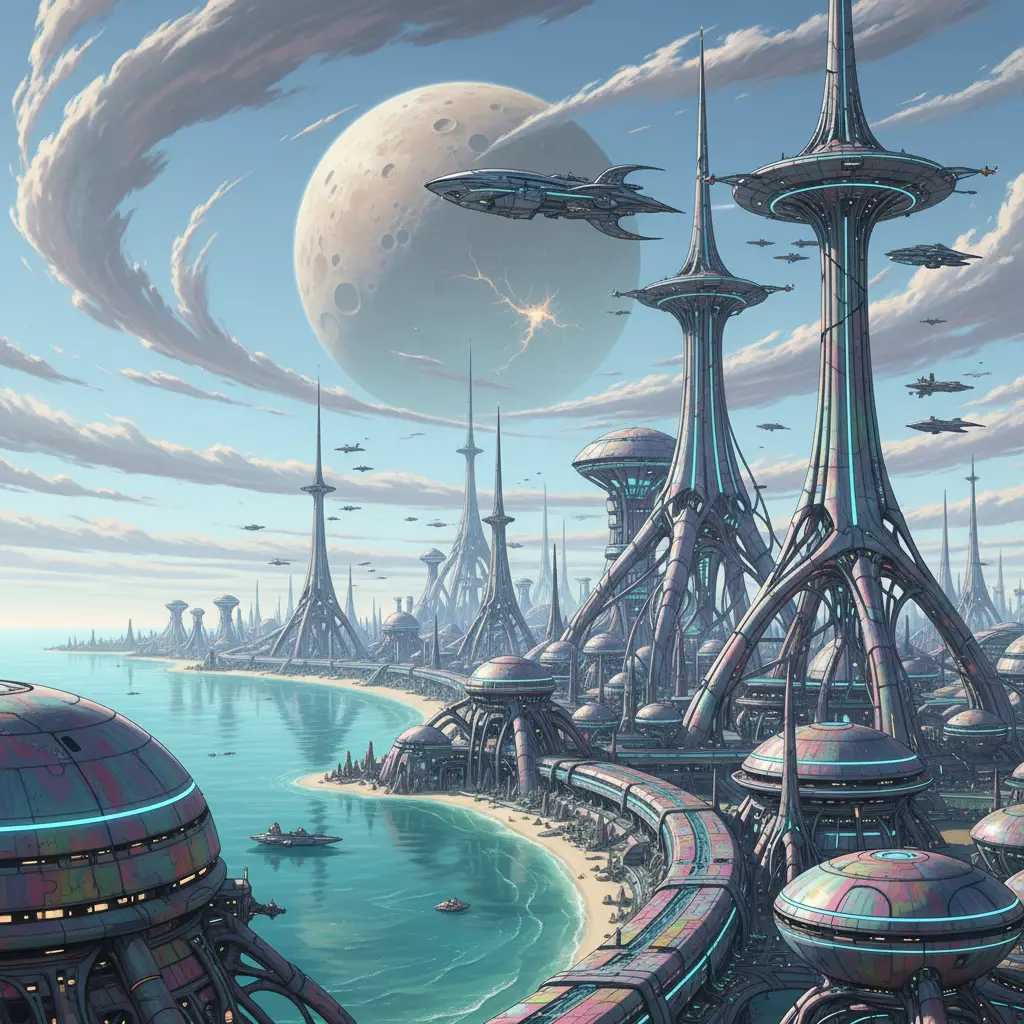 Vast alien city by a turquoise futuristic ocean shore