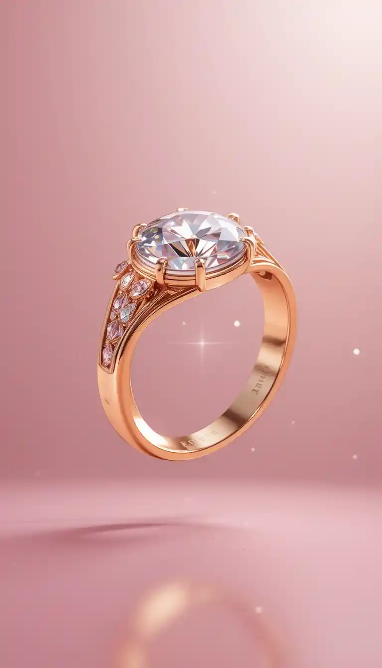 Golden 3d ring with diamond on soft pink background