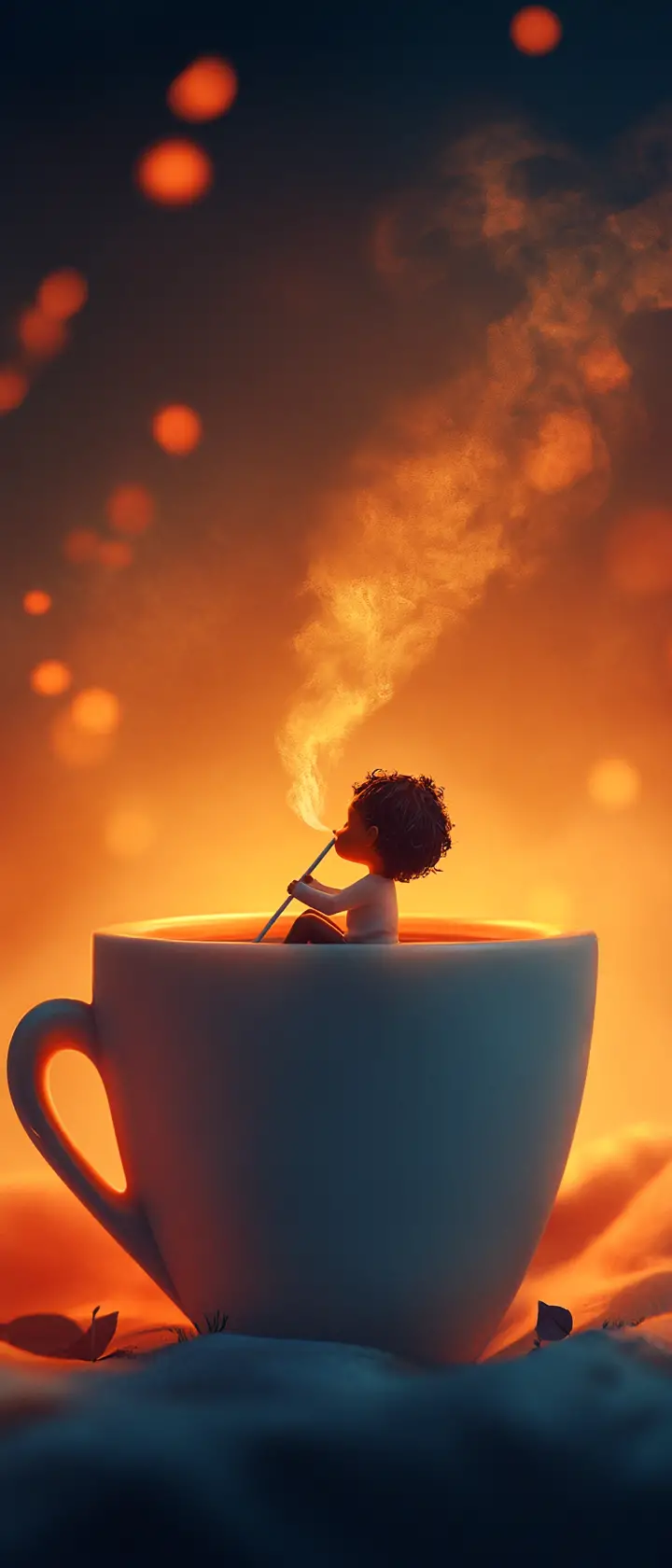 Tiny person relaxing inside a giant coffee cup