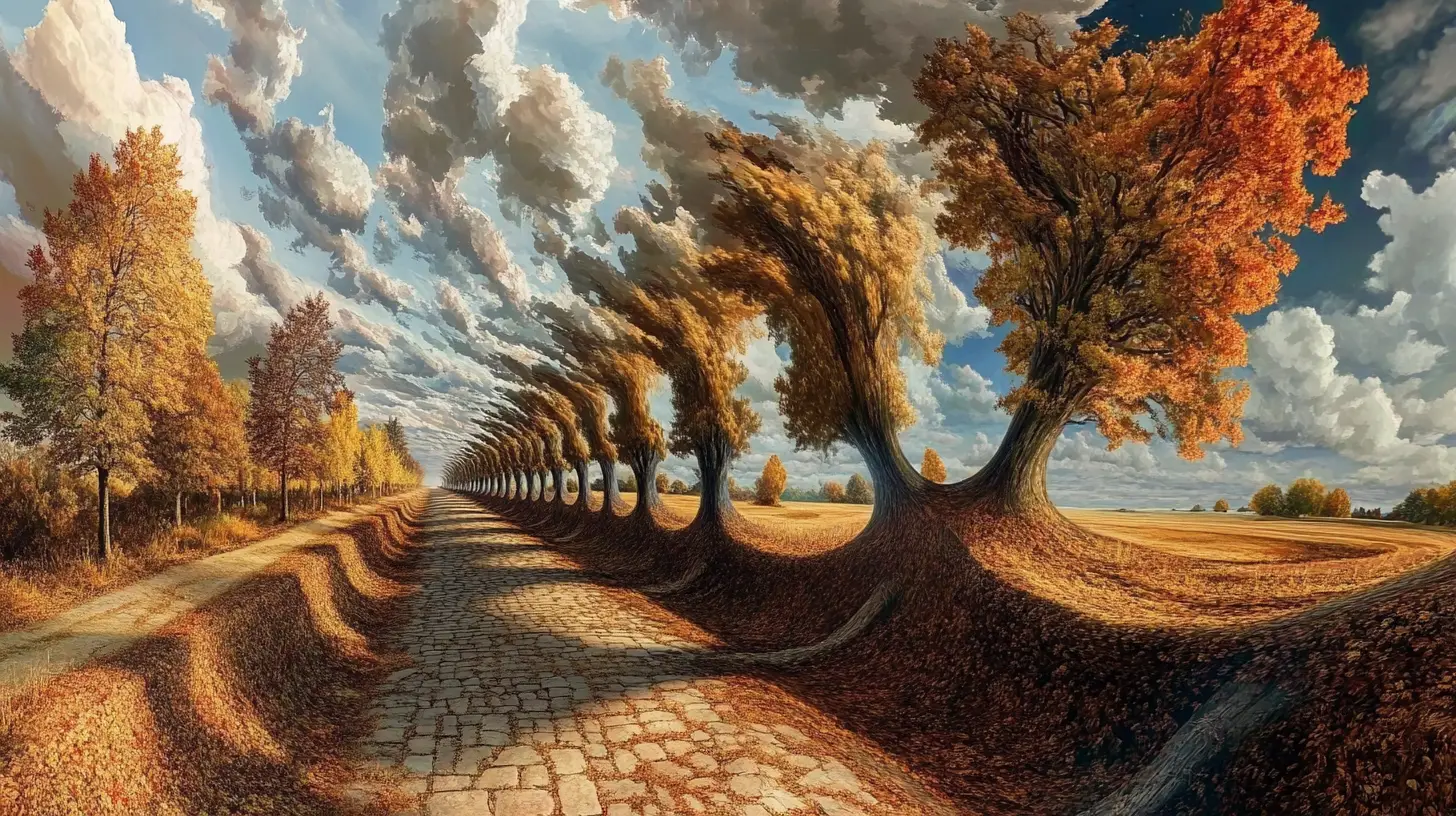 Surreal optical illusion scene with multiple overlapping images