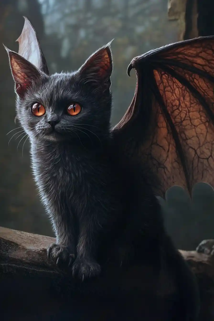 Fantasy cat with bat wings wearing a vintage hat