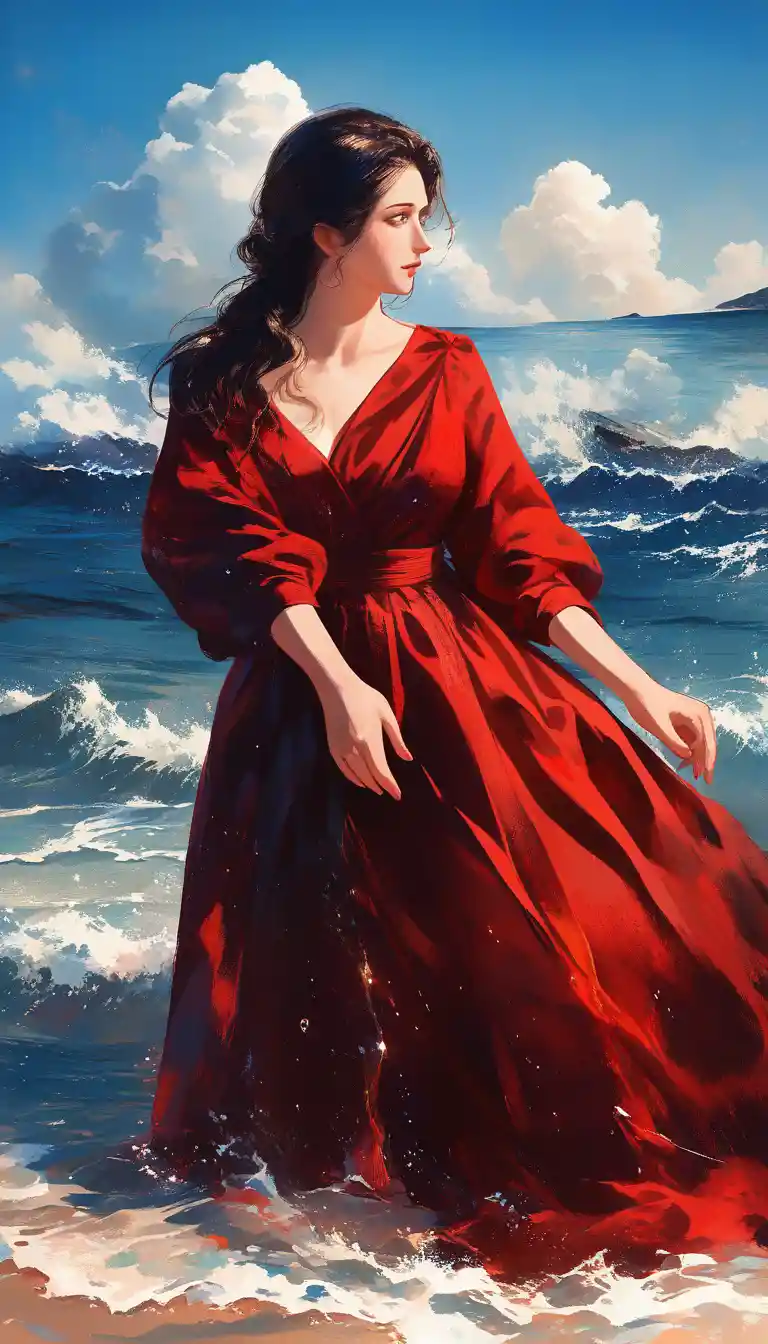 Romantic couple standing by the blue sea in oil painting