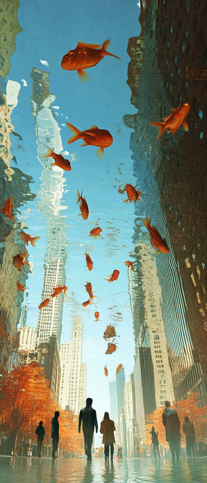 Surreal city street with fish swimming through the air