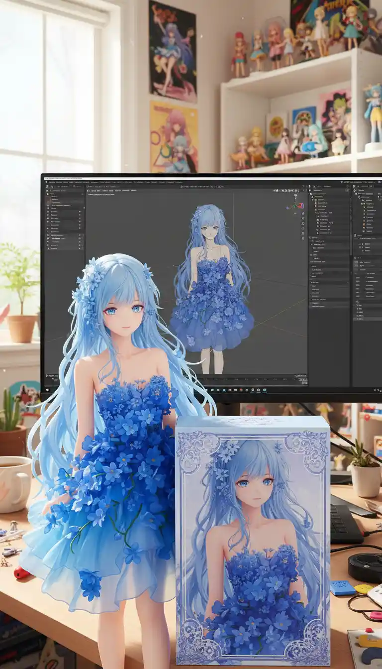 Detailed pvc character figurine with box and blender screen