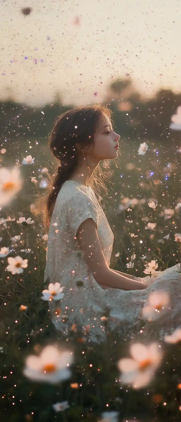 Fille Assise dans un Champ de Galaxies de Fleurs Cosmiques
