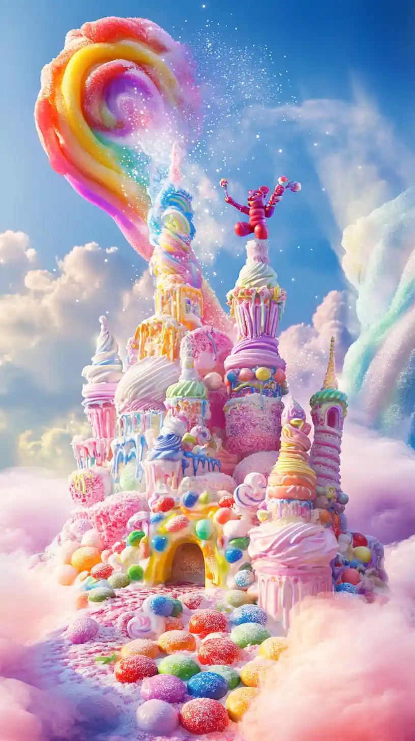 Château Magique en Bonbons Flottant sur un Nuage Rose