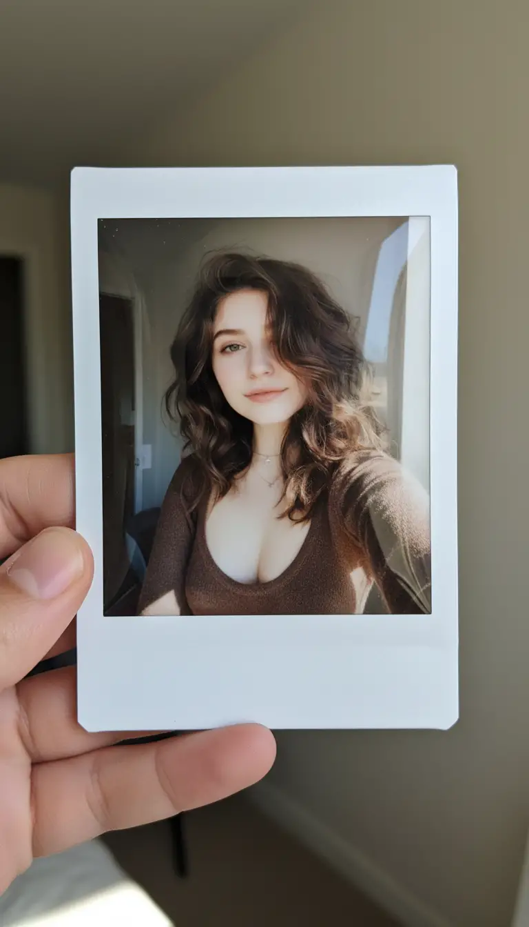 Polaroid style selfie held in a human hand