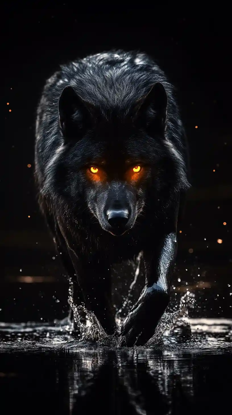 Black wolf walking through dark reflective water at night