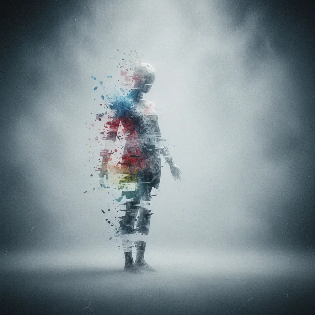 Abstract distressed human figure in misty grainy colors