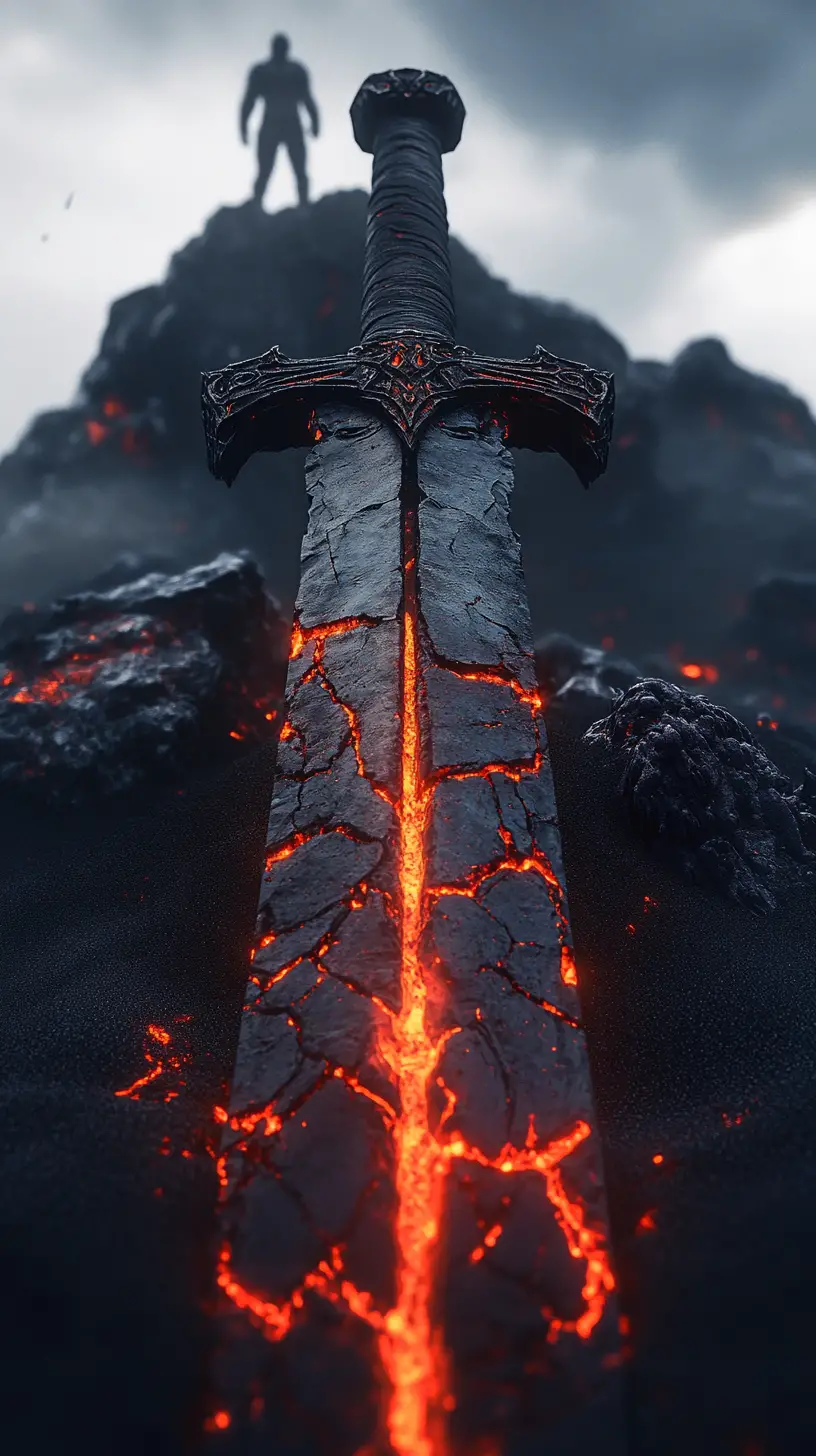 Cinematic close up of molten obsidian sword in sand