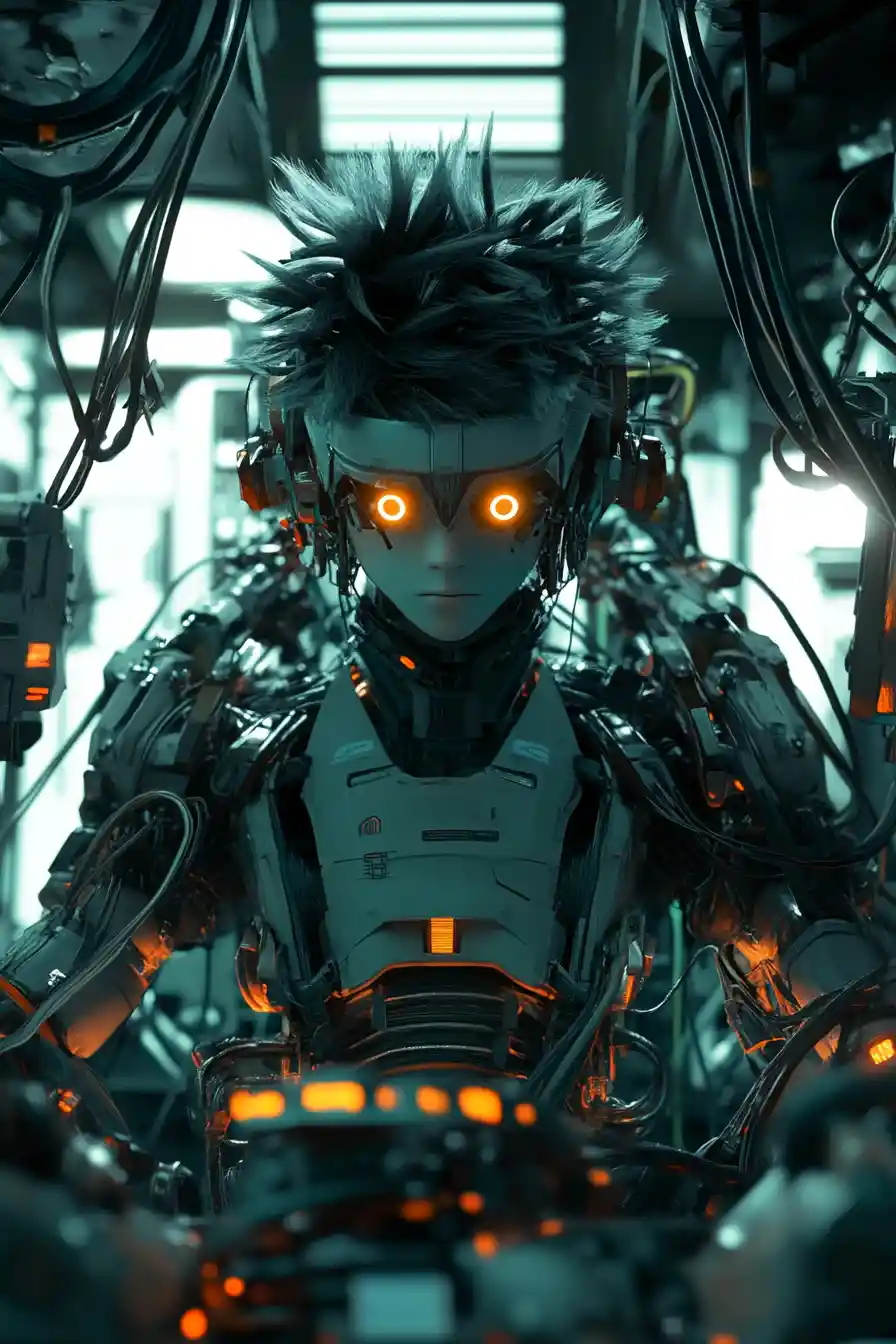Sci fi pilot in industrial mech hangar cockpit scene