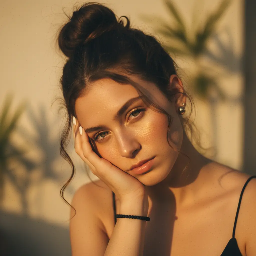 Intimate golden hour portrait of a pensive young woman